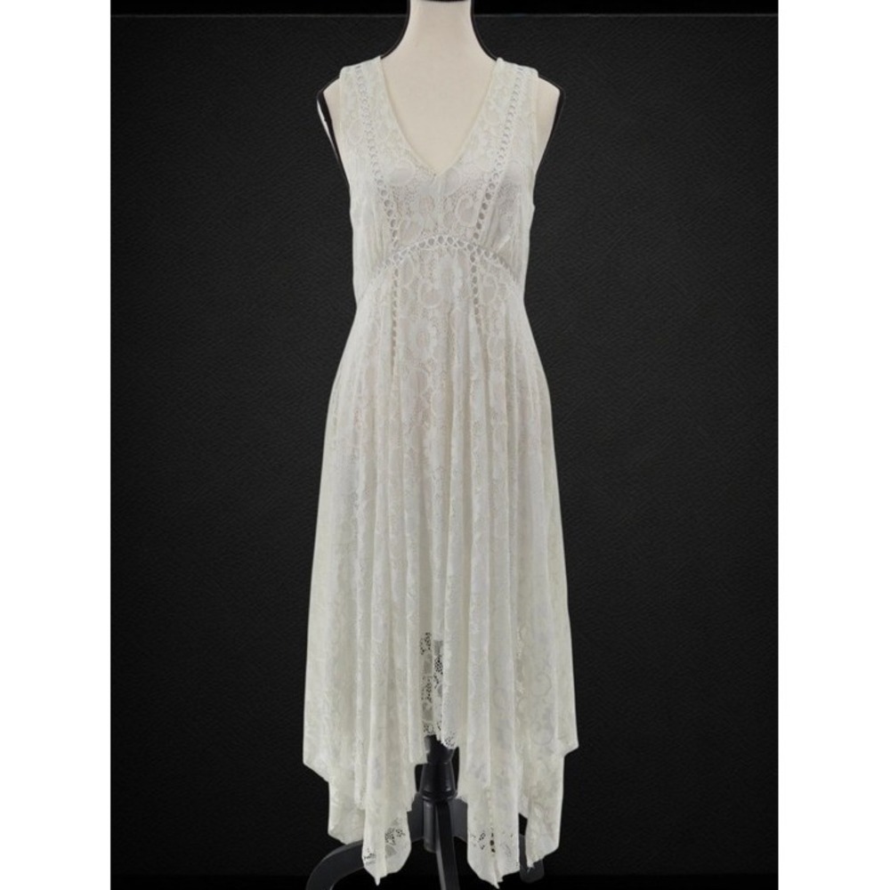 Ivory Lace Handkerchief Hem Midi Dress 10 Bridal V-Neck Lined Coquette Fairycore